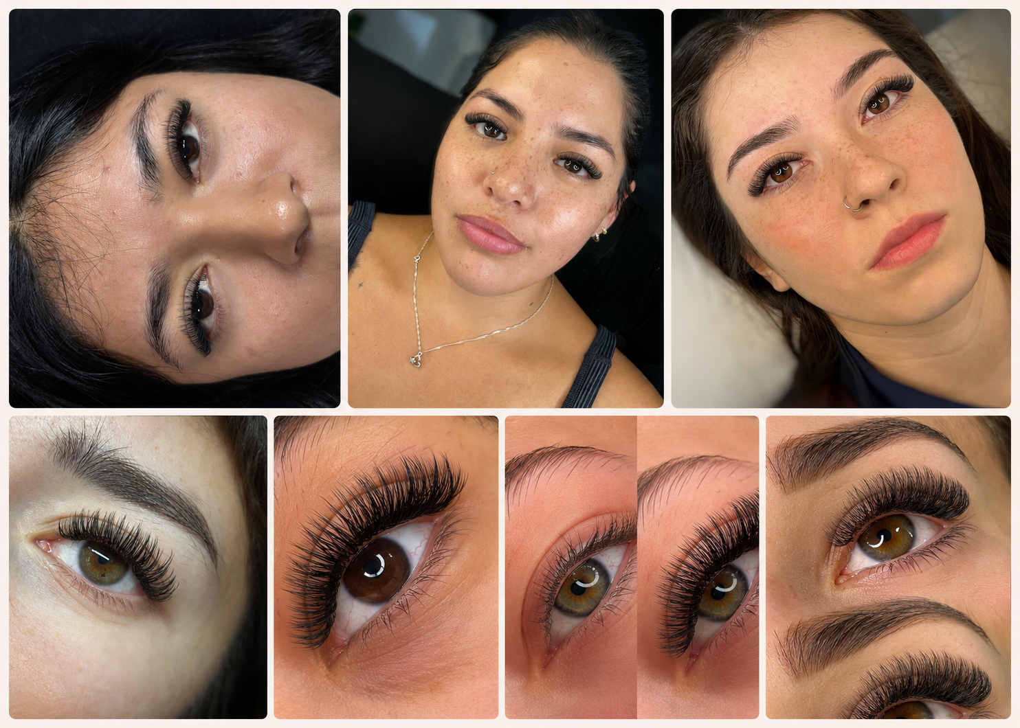 Collage de resultados de extensiones de pestañas realizados por alumnas de la academia